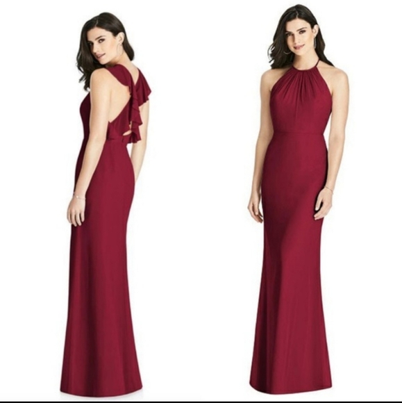 Dessy Collection Lux Chiffon Halter Back Ruffle Floor Dress In Burgundy 14 NWT - Picture 1 of 11